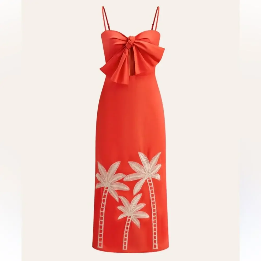 COMMENSE NWTs Embroidered Bow Detail Red Cami Midi Dress size small